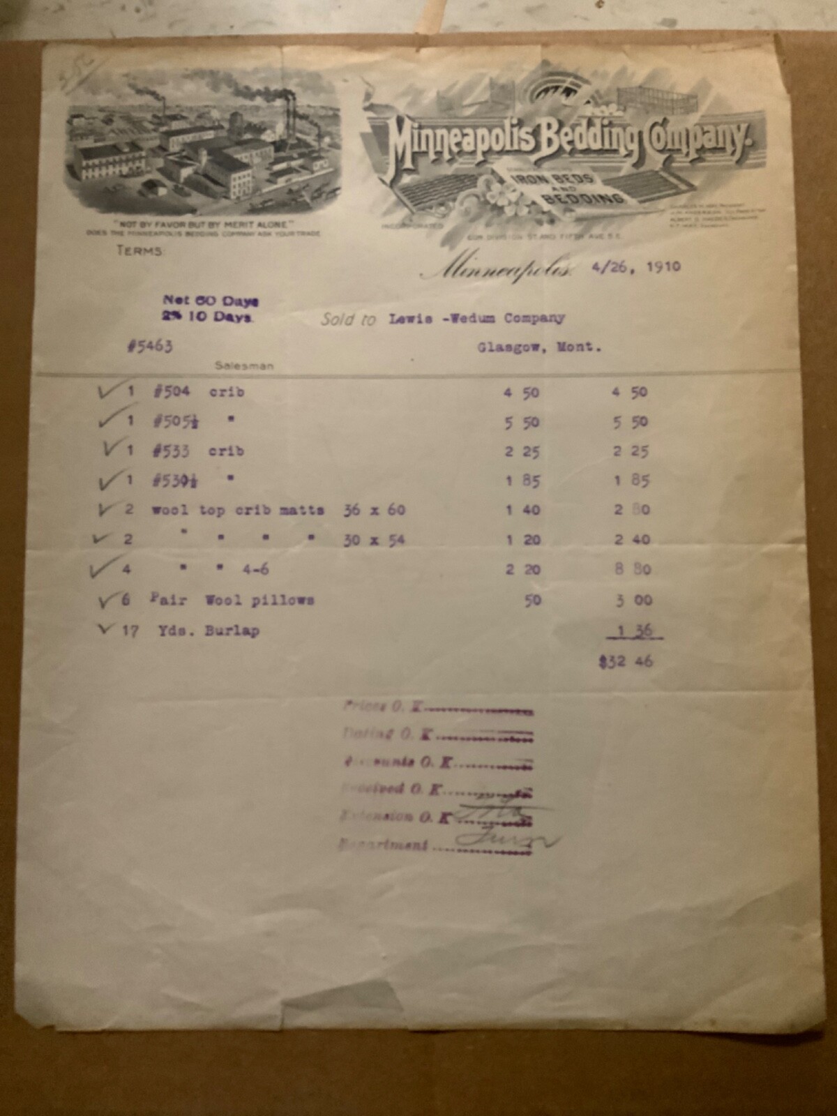 1910 Billhead - Minneapolis Bedding Company - Factory & Buildings Graphics