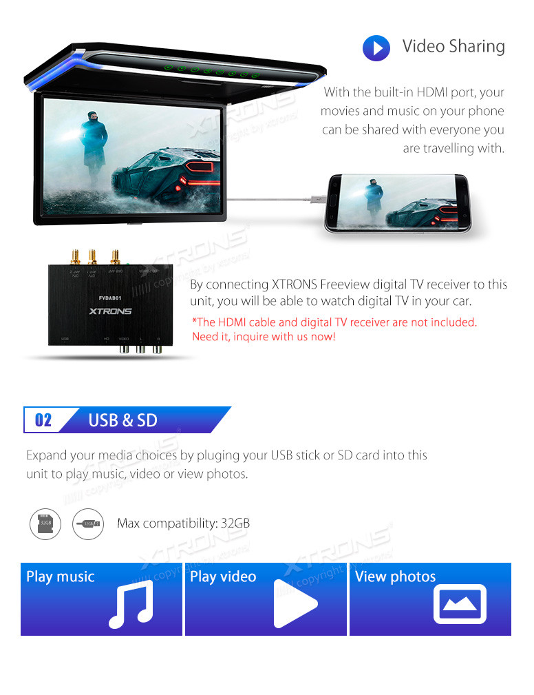 17.3" Car TV Roof Flip Down Monitor HDMI USB 1080P Video Player +2x Headphones