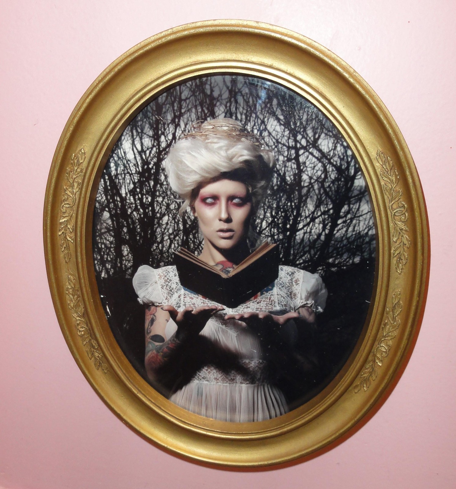 Vintage Two Gold Oval Frames with Gothic Pinup Girl Photos Vampire Look tattooed