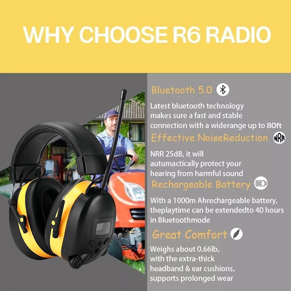 FM Radio Headphones with Digital Display 30dB FM Hearing Protection Earmuffs