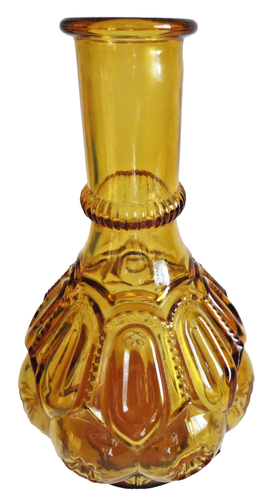 MCM CRYSTAL DECANTER STOPPER AND 5 CORDIAL/SHOT GLASSES AMBER BROWN GLASS VTG