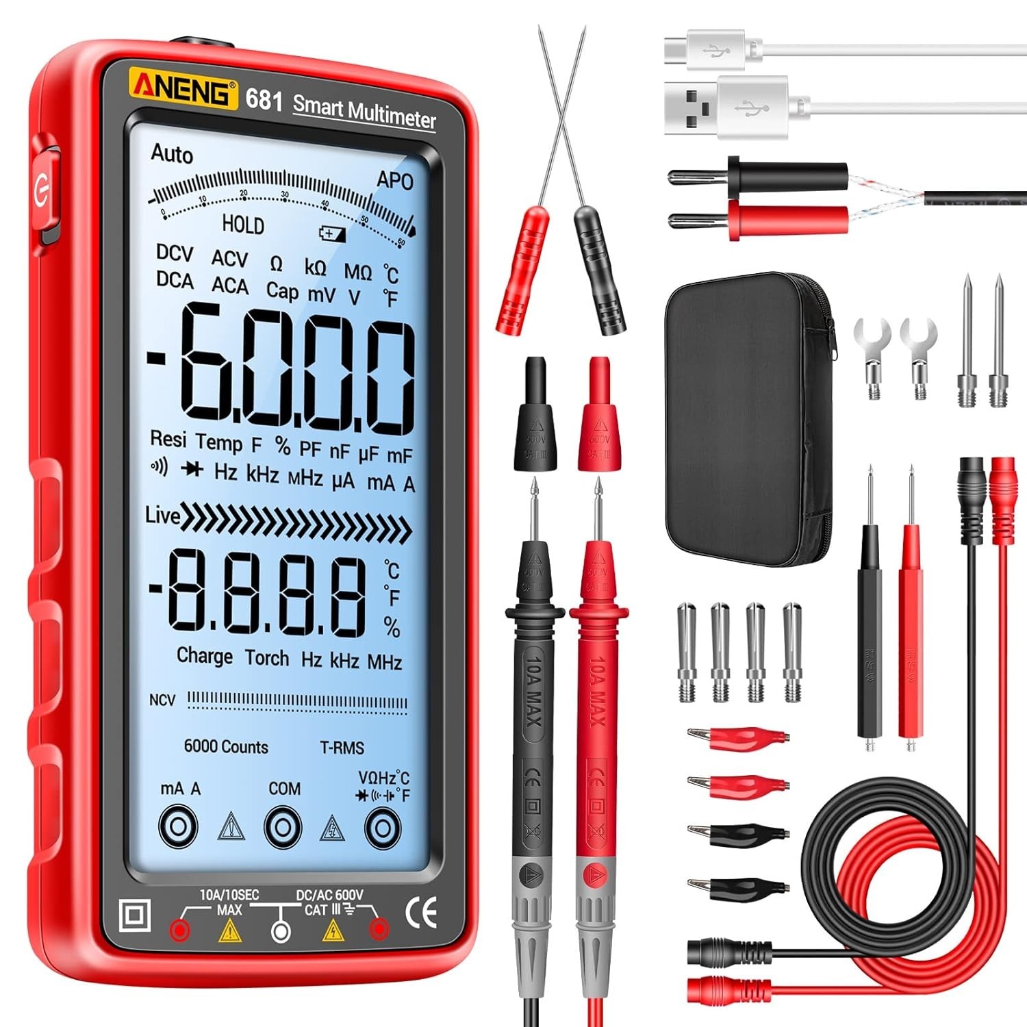 Digital Multimeter Tester Auto-Ranging TRMS 6000 Counts Voltmeter Smart Rech...