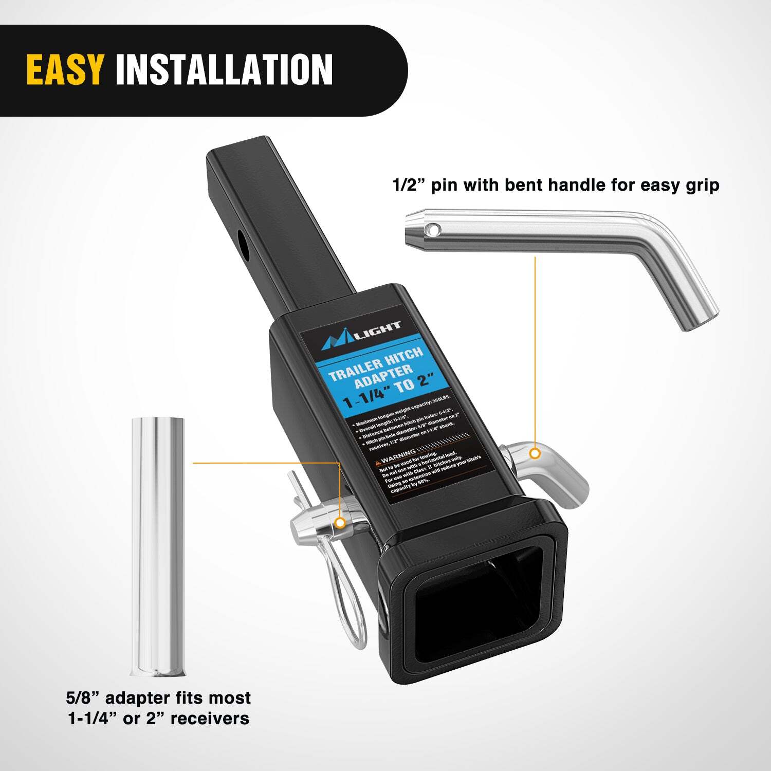 Nilight Trailer Hitch Receiver Adapter 1-1/4 to 2Inch Hitch