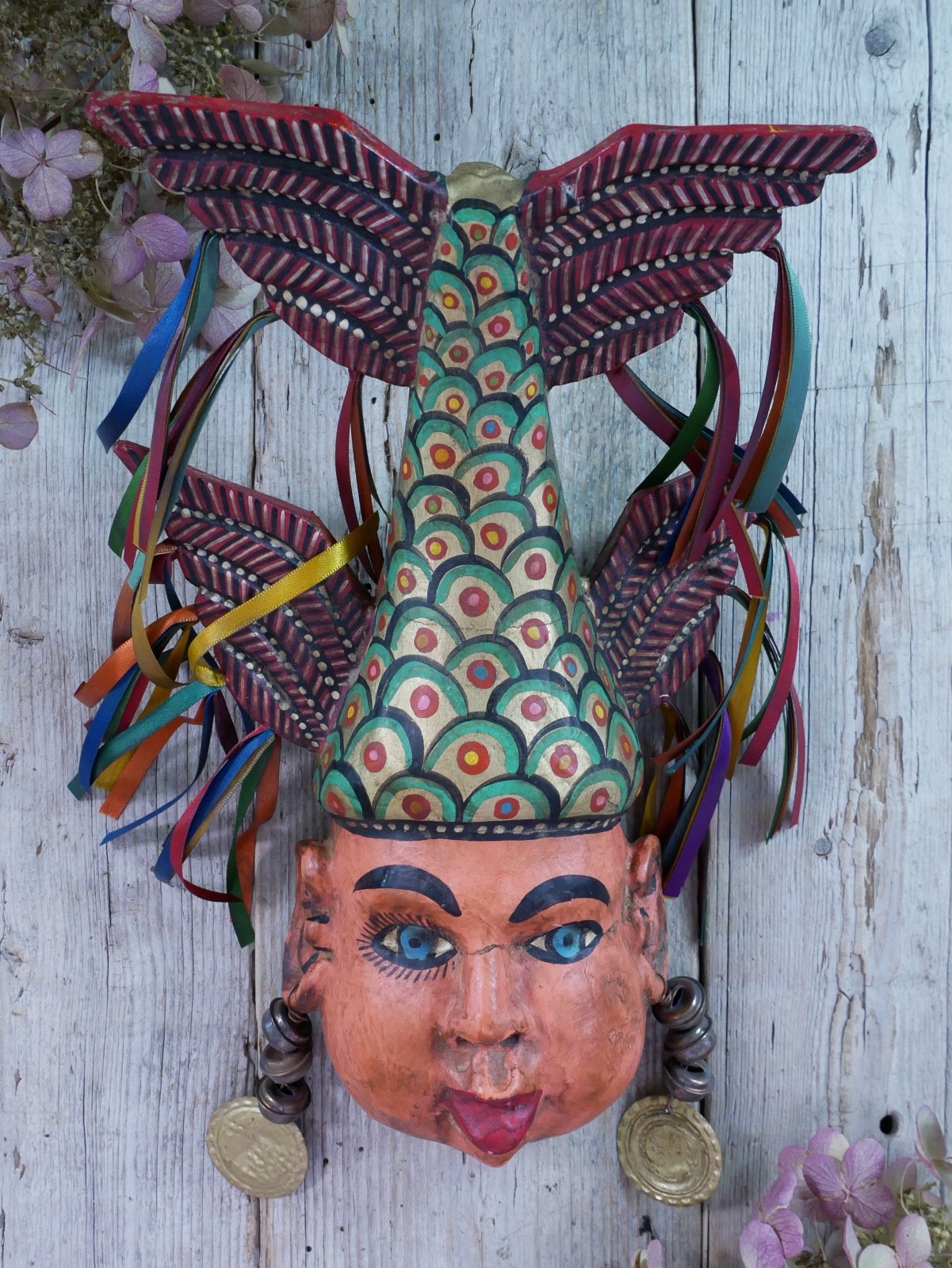 Merman Face & Fish Tail Mask Wood Hand Carved Painted Guerrero Mexican Folk Art