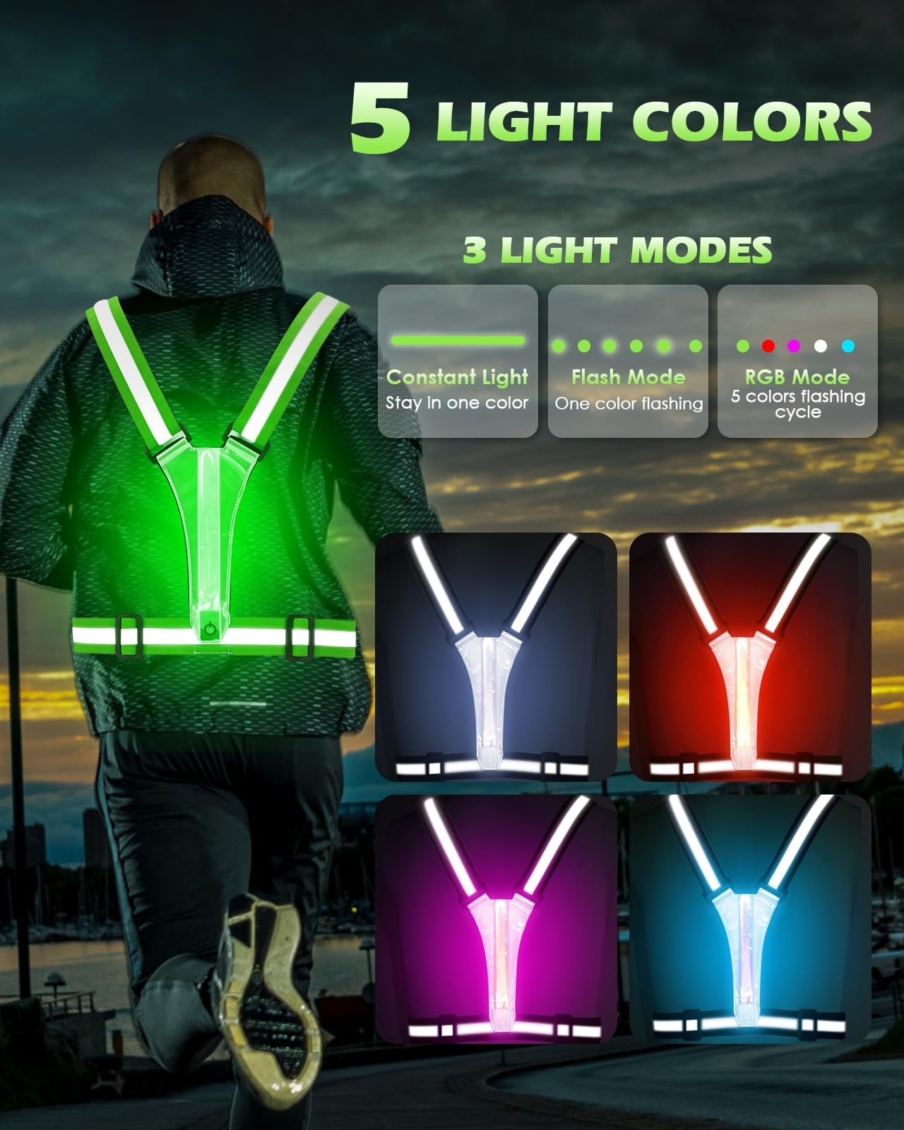 High Visibility Reflective Running Vest 5 Lights Rechargeable Adjustable