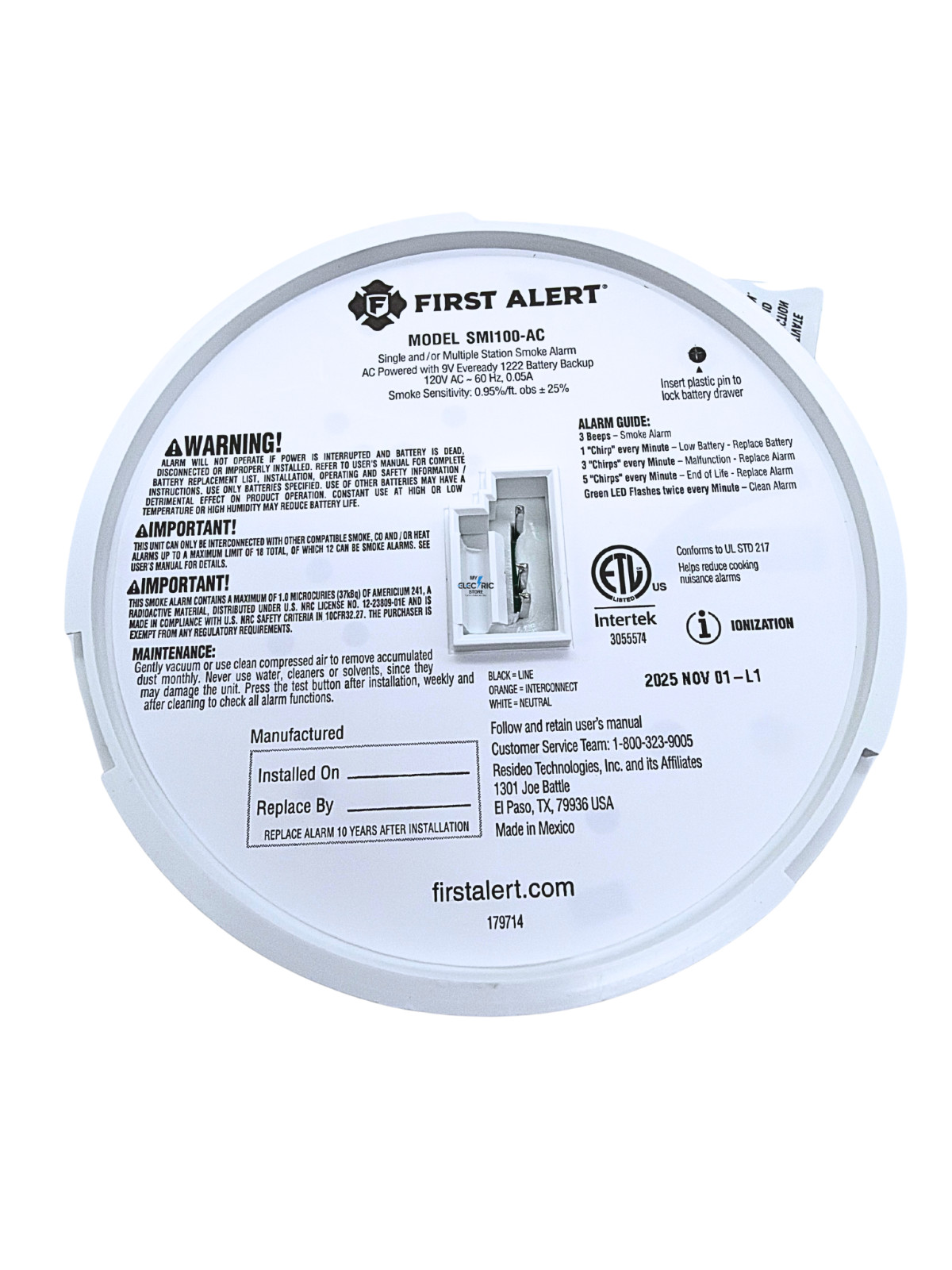 First Alert SMI100-AC Smoke Detector & Alarm, AC Powered Battery Backup-BRK