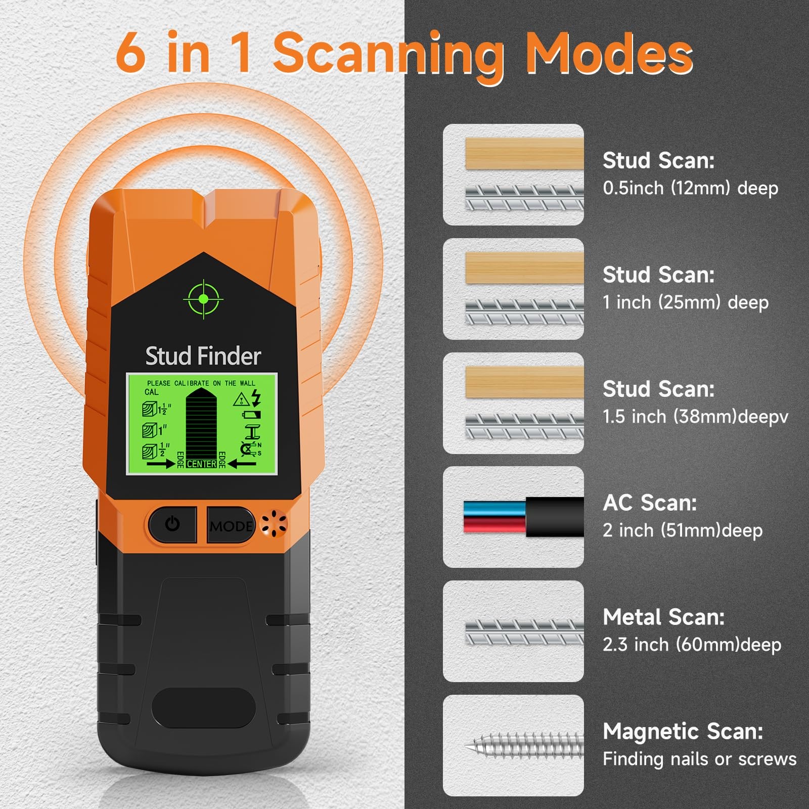 Stud Finder Wall Scanner - 6 in 1 Electronic Stud Finder with HD LCD Display ...