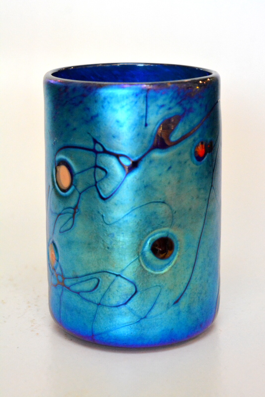 Blue Aurene Drinking Glass With Millefiori Design. Blown Glass