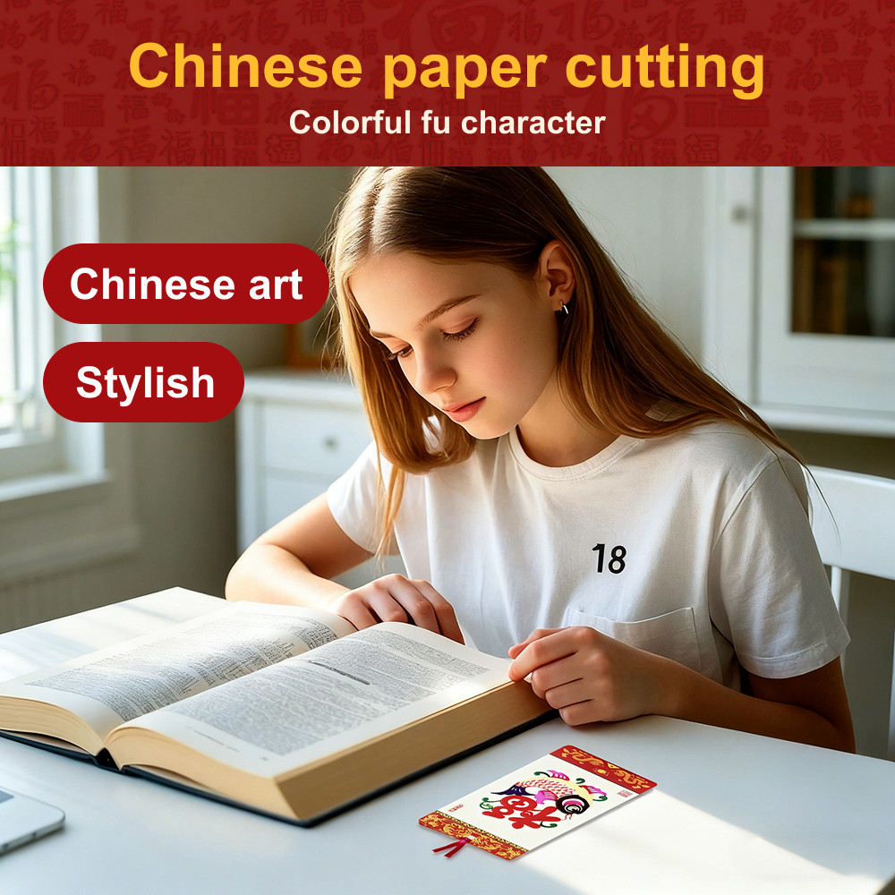 Chinese Paper-Cut Bookmark, Handmade Cultural Gift for Book Lovers with Gift Bag