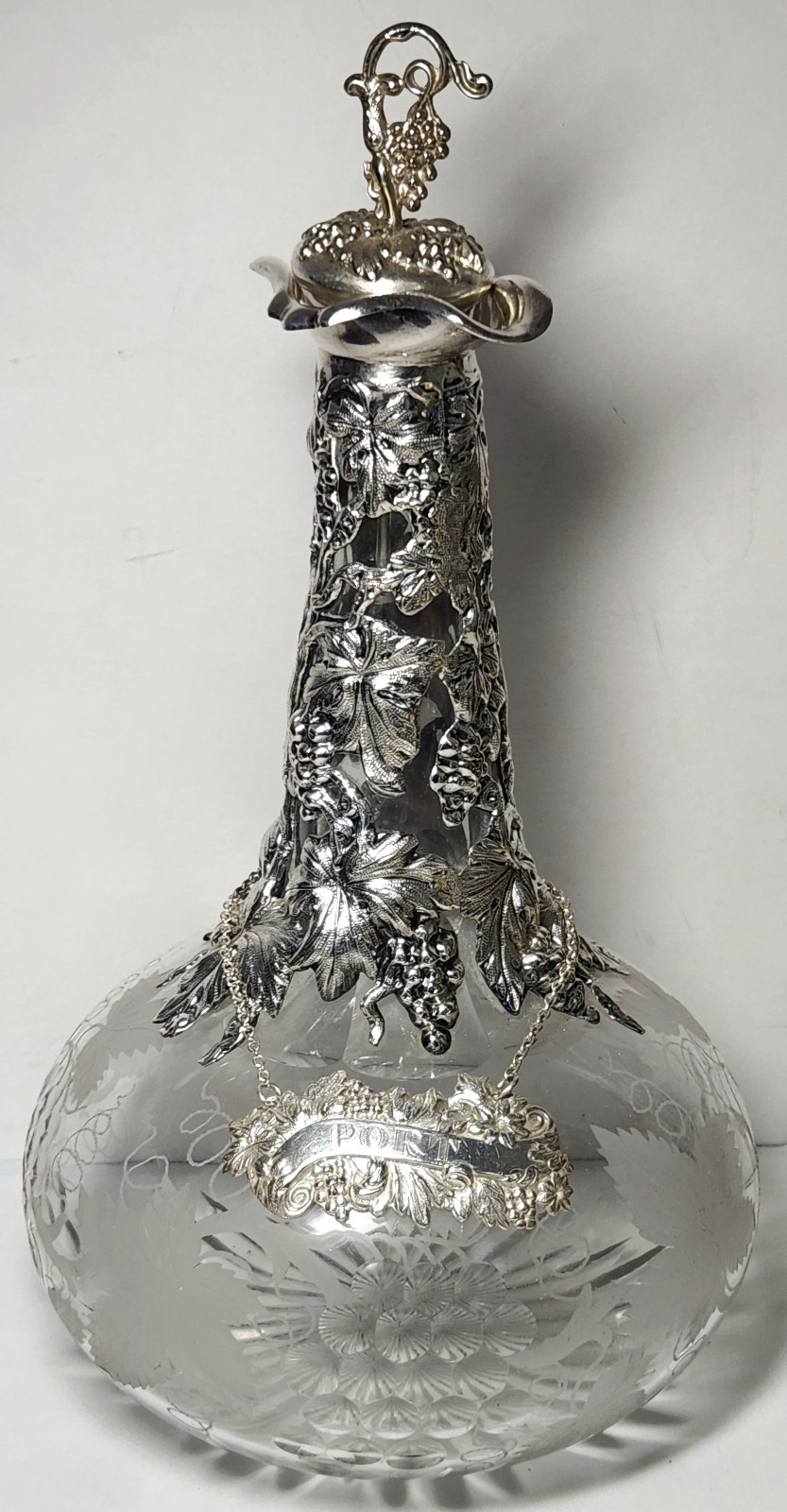 Ornate Antique Port Decanter, Silverplate Mounts, Etched Glass Bottle, Tag
