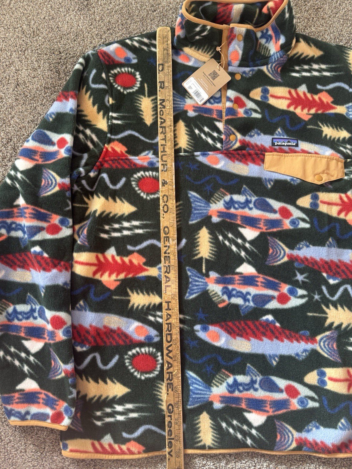 New Patagonia Synchilla Fleece Pullover Salmon Trout Fish Print Snap-T Size XL