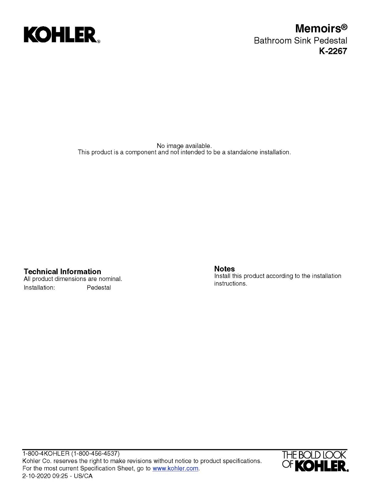 Kohler: Memoirs Pedestal Sink (Biscuit)