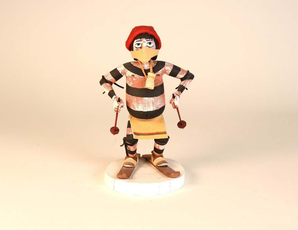 Navajo carved Hopi Kachina / Katsina Koshare Clown Skiing by O. Wood