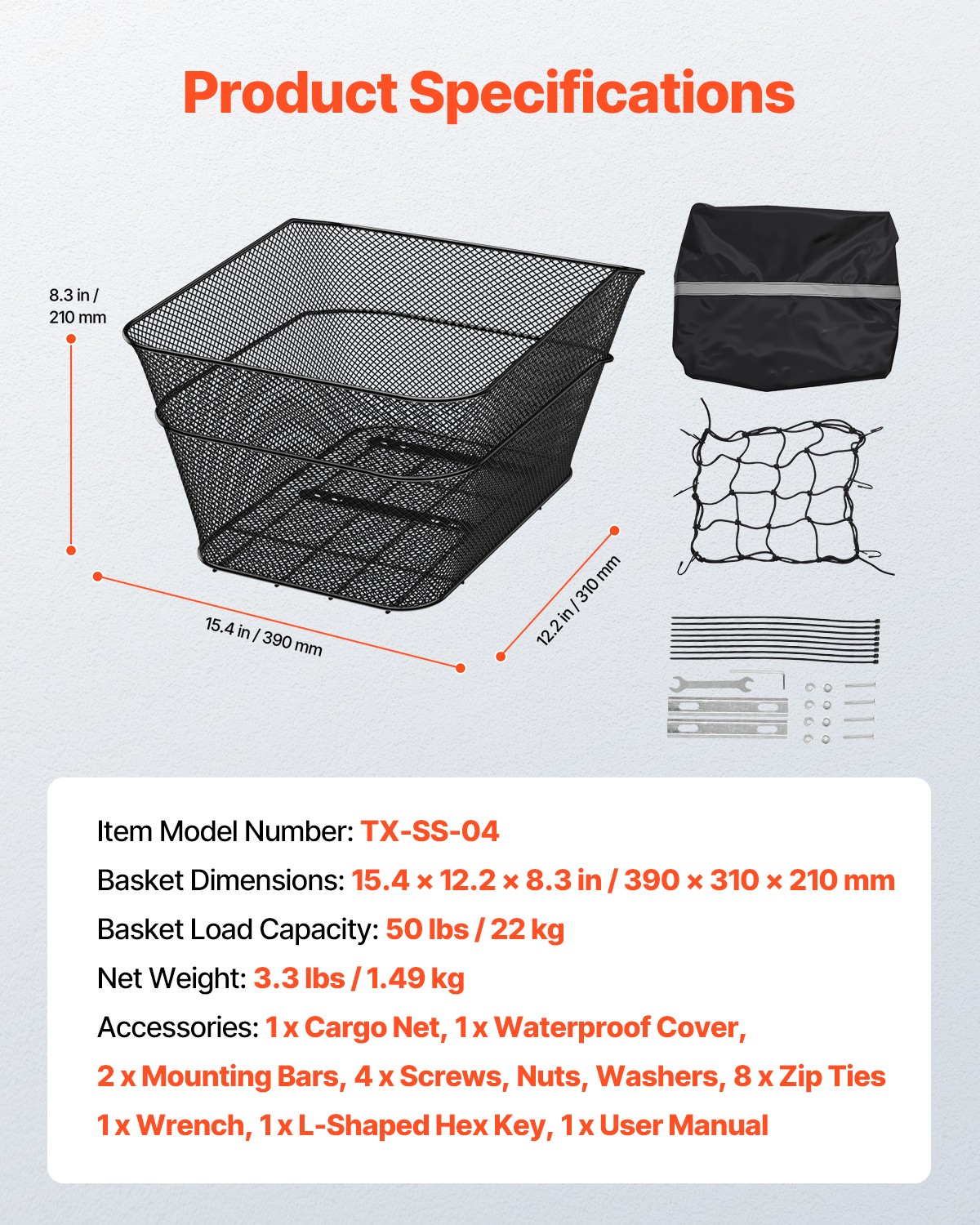 VEVOR Rear Bike Basket Wire Mesh Bicycle Basket with Cargo Net Waterproof Cover