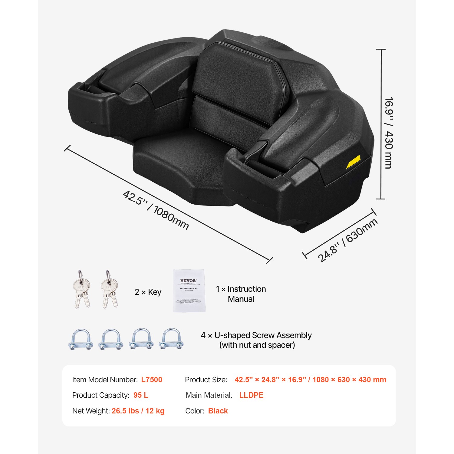 75L ATV Rear Trunk Cargo Storage Box Rack Luggage Case for UTV Can-am Universal