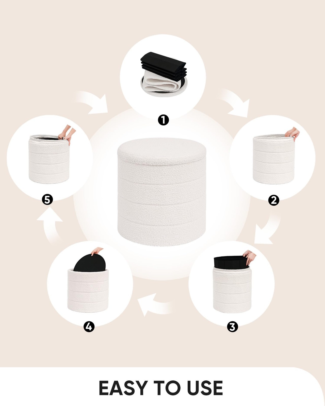 Ottoman with Stroage, Round Sherpa Storage Ottoman Stool, Boucle Foot Rest 16...