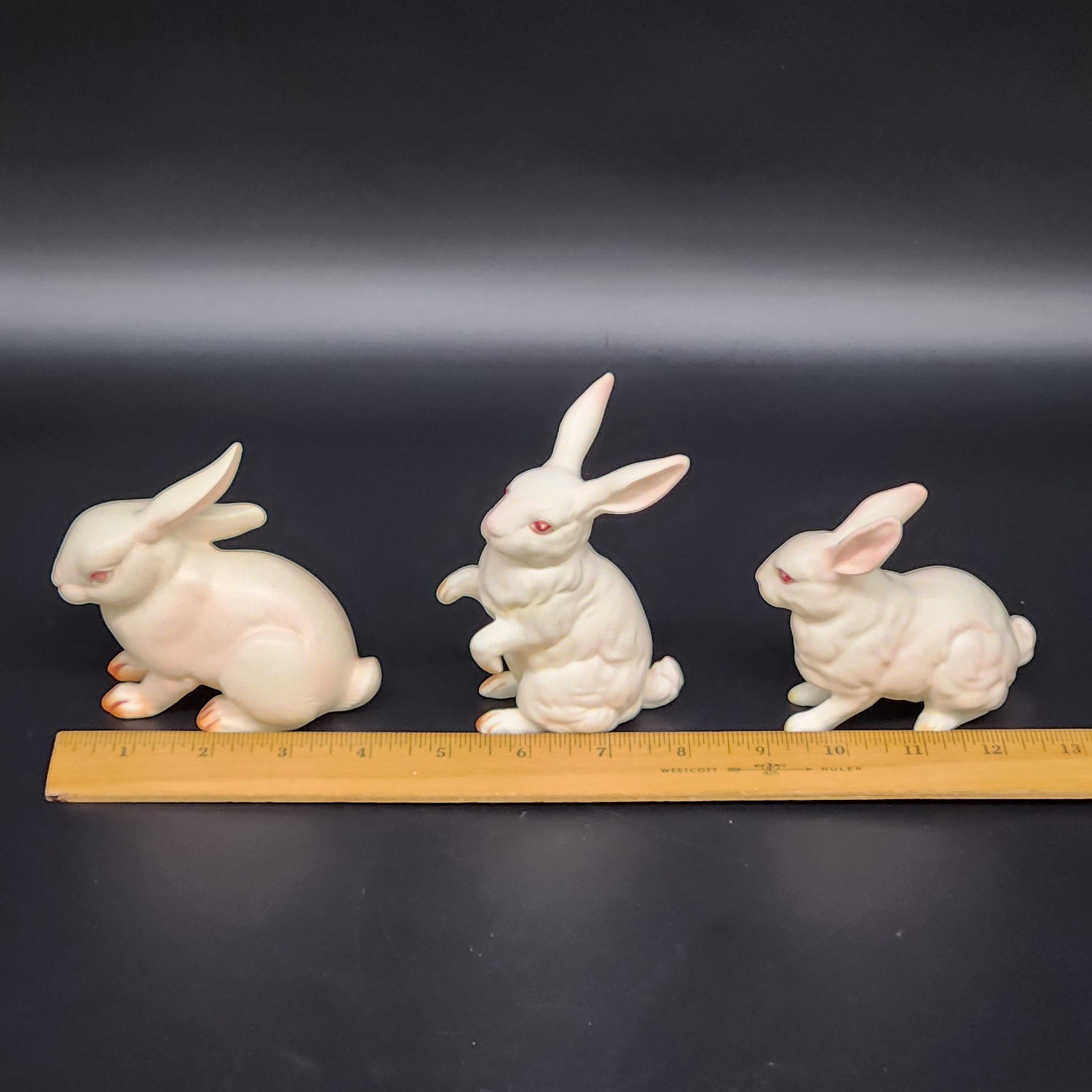 Set Of 3 Vtg Ceramic Lefton White Bunnies Rabbits H7143 & H880 Pink Eyes Easter