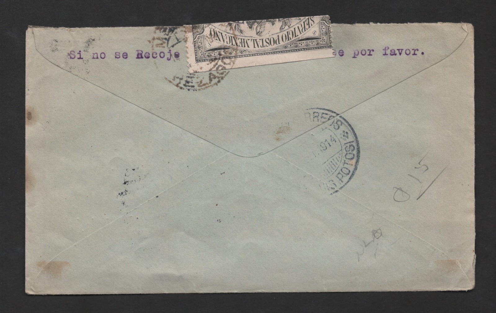 MEXICO 1914 OPA NO 455 TPO RAILROAD COVER WITH OFFICIAL SEAL TO S LOUIS POTOSI