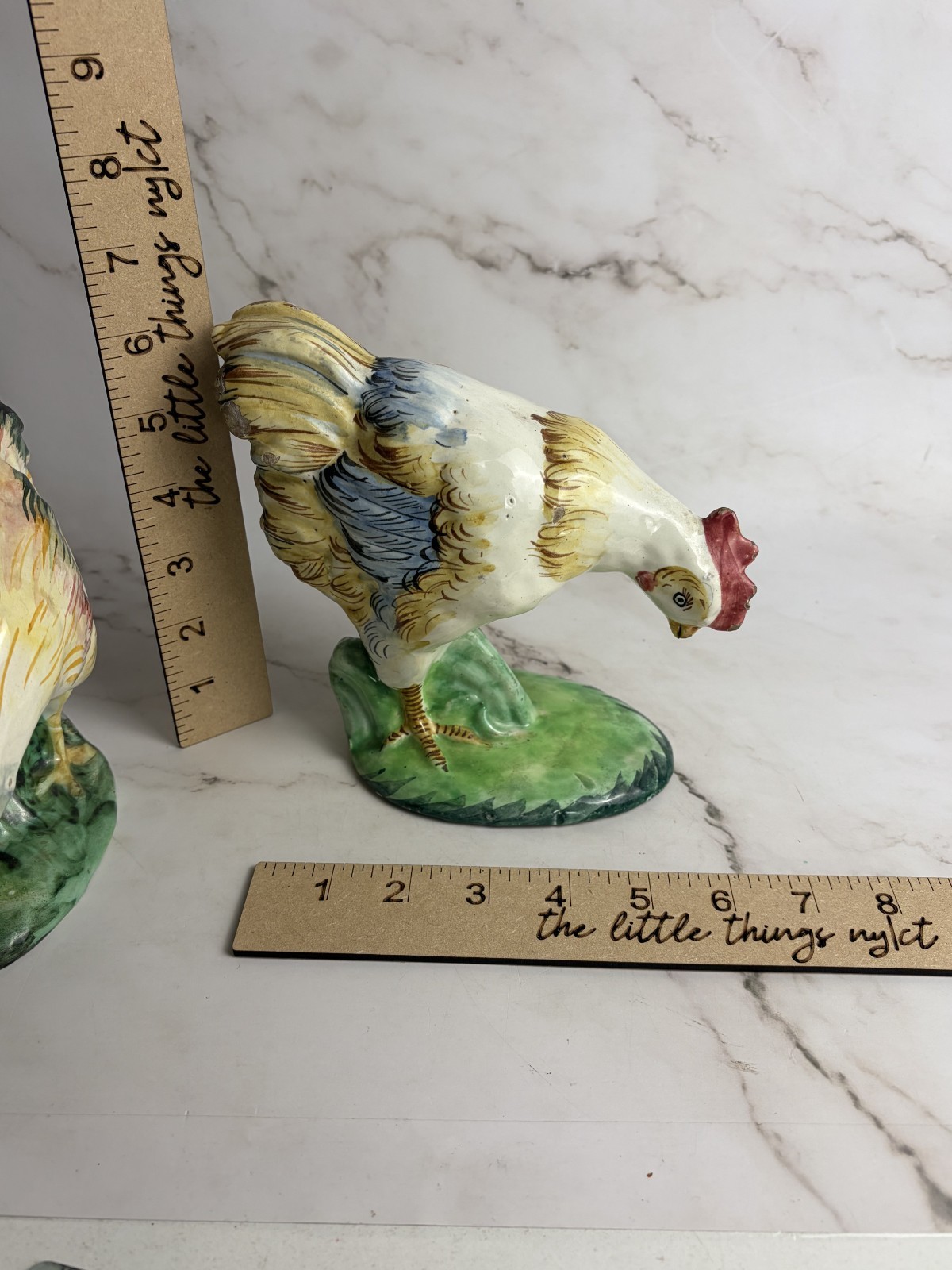Vintage Italian Majolica Rooster Figurines Hand Painted Chicken Pair Farmhouse