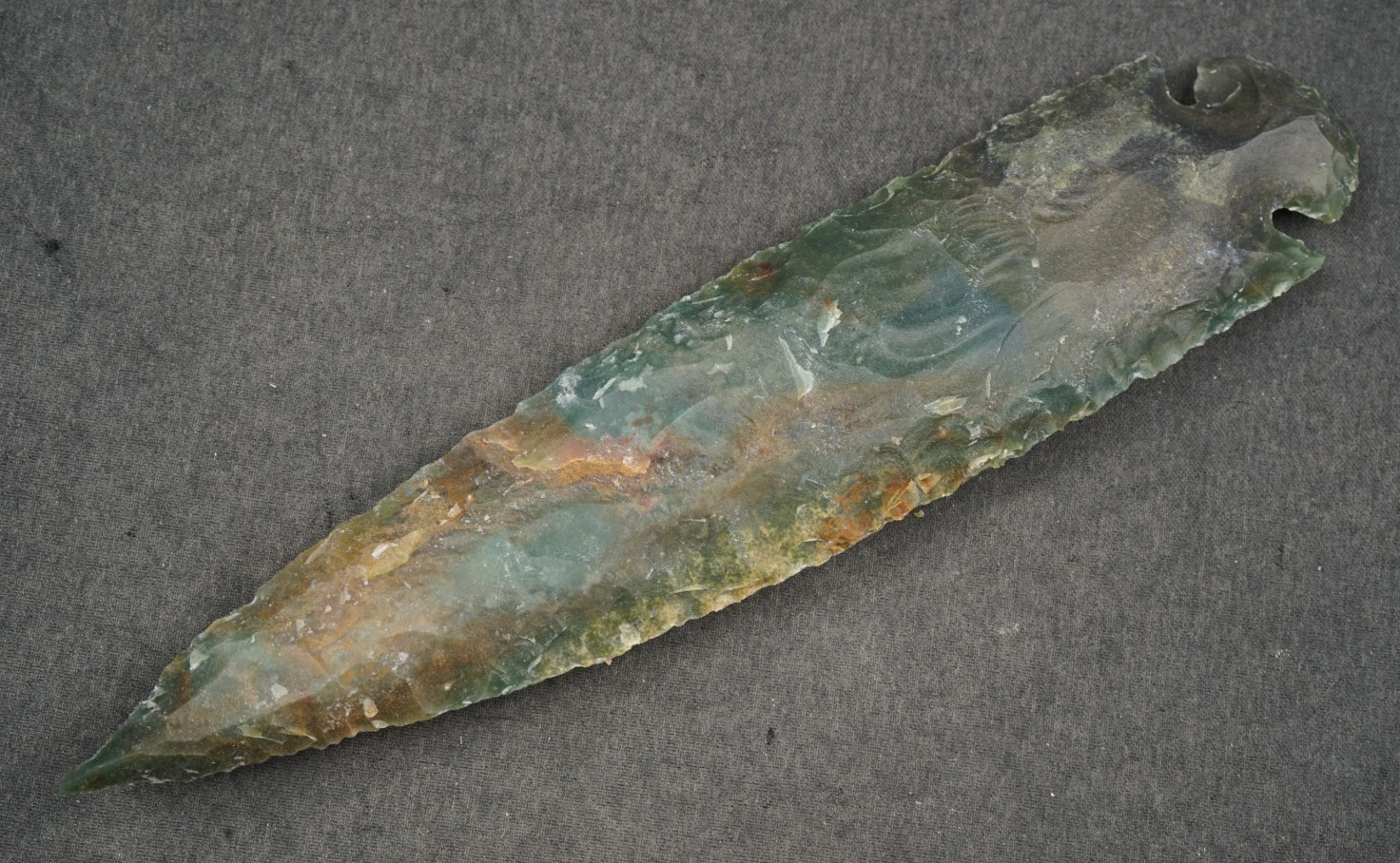Deep Green and Gold 6.8" Flint Spearhead Point Knife Blade Arrowhead I-587