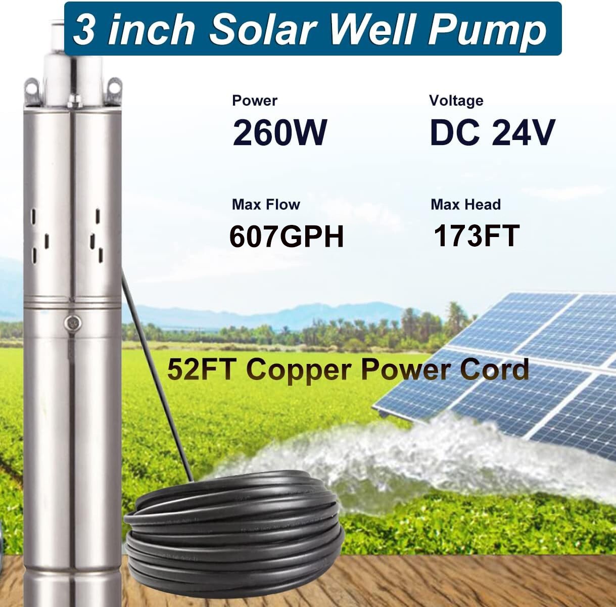 DC 24V 3'' Solar Deep Well Pump Water Pump 2300L/h Stainless Steel Submersible
