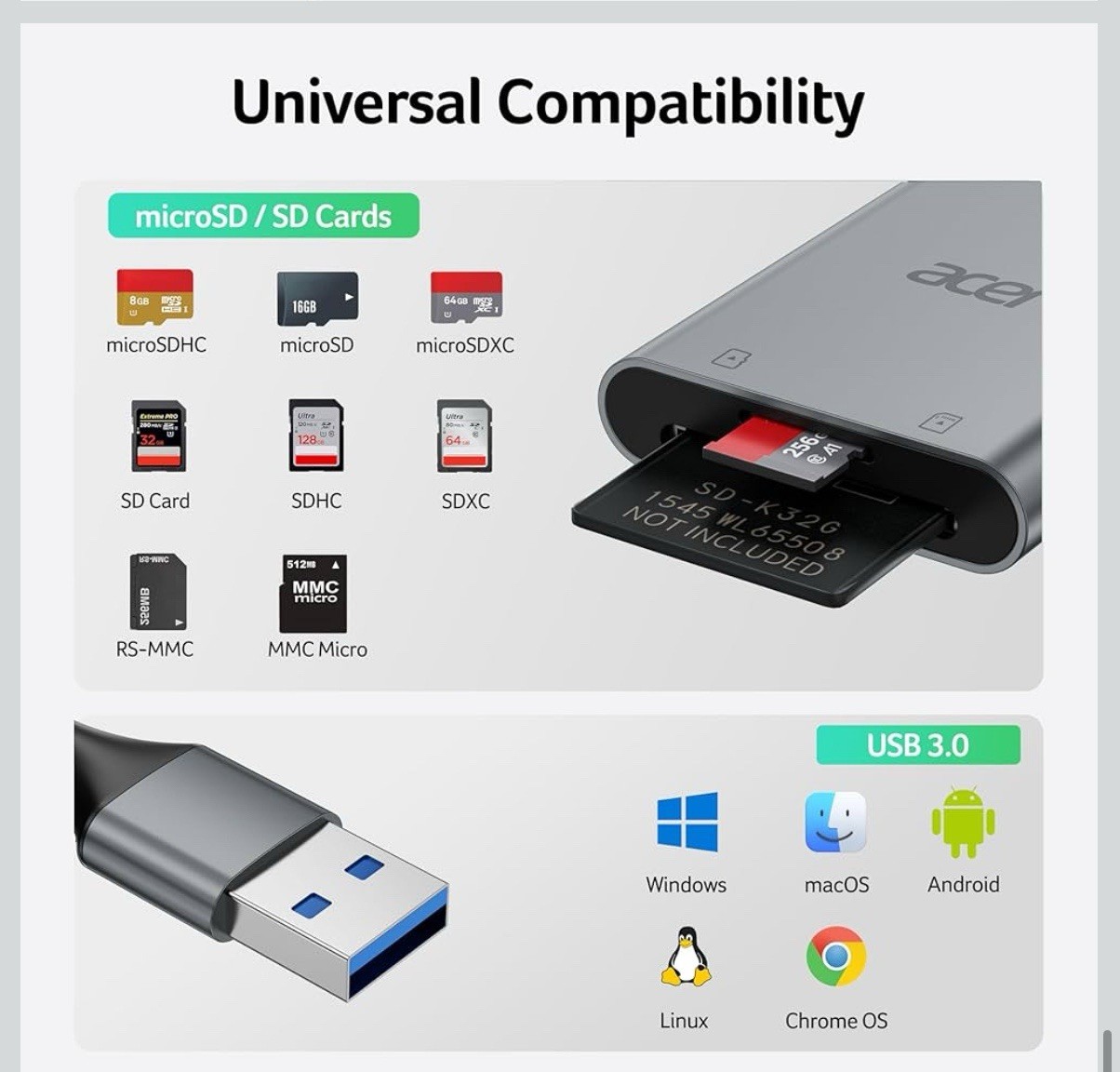 Acer USB A 3.0 to Micro Memory Card Reader, Aluminum Dual Slot SD to USB