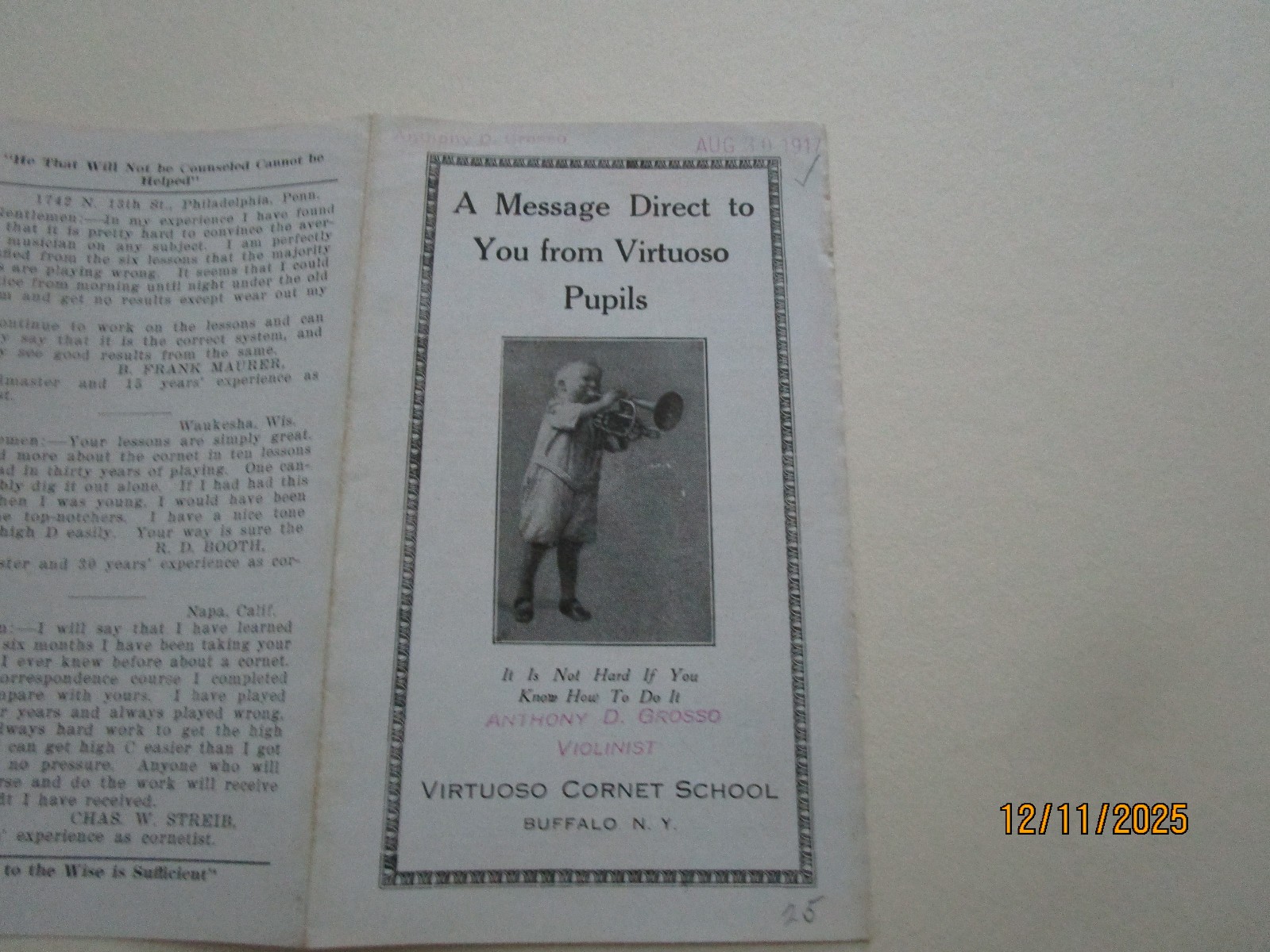 VIRTUOSO CORONET SCHOOL PAMPHLET GREAT GRAPHICS 1917 EPHEMERA