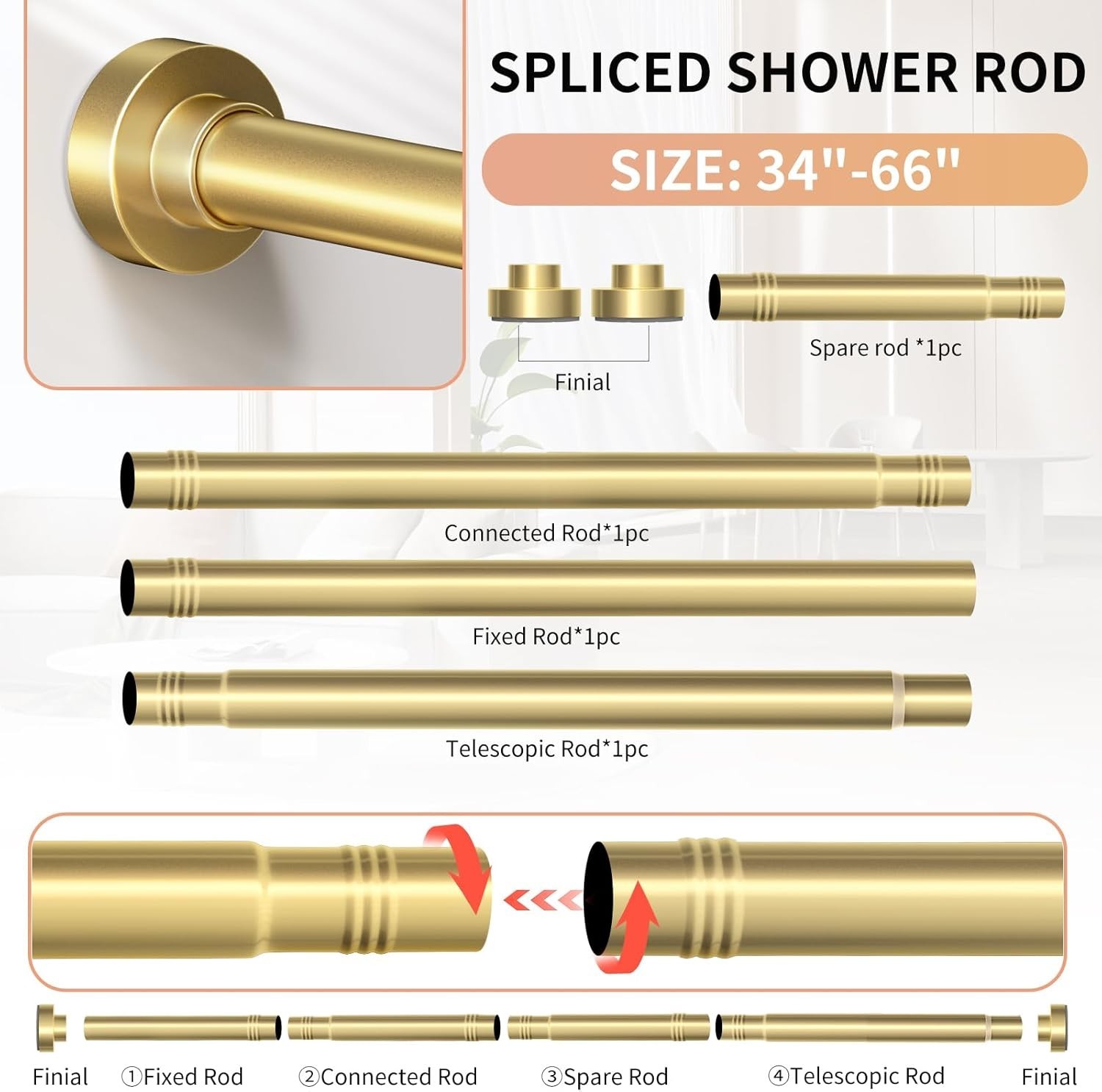 Gold Shower Curtain Rod 34-66 Inches2.8-5.5ft Never Rust Adjustable Shower Ro...