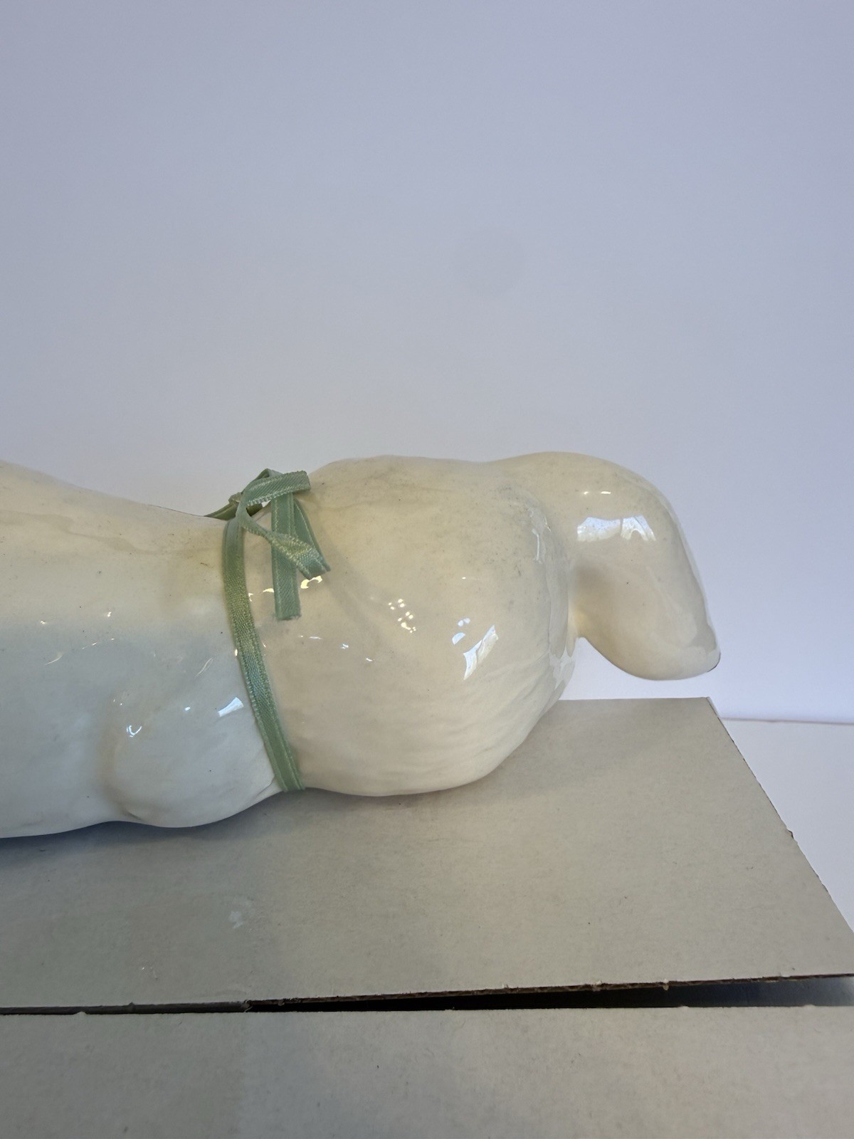 Vintage Ceramic Sleeping Bunny Shelf Sitter Hand-painted White Rabbit Ear Repair