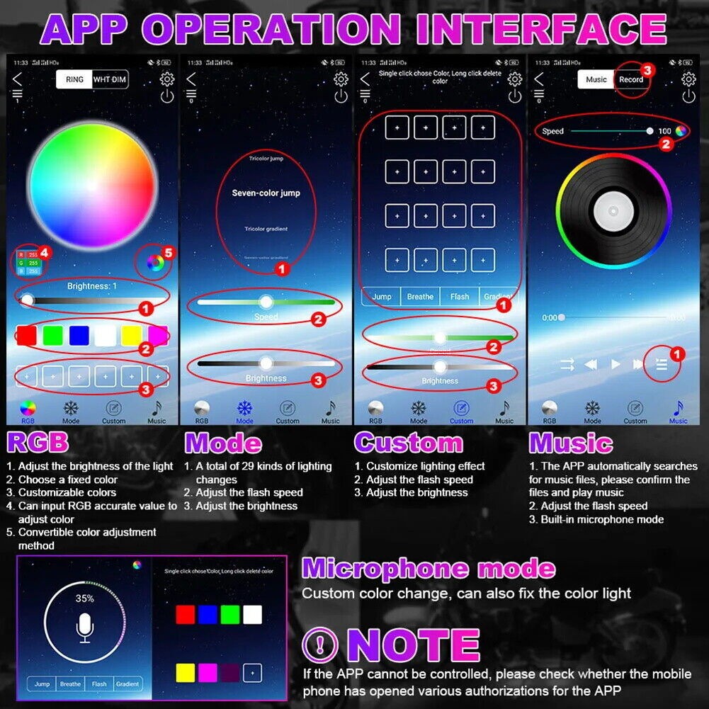 12PC RGB Bluetooth Motorcycle LED Light Under Glow Neon Strip Remote Control Kit