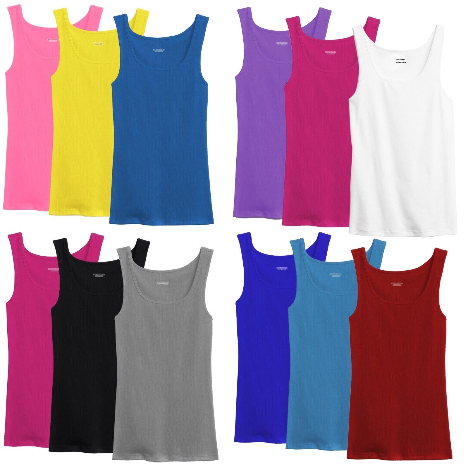 3-12 Pcs Womens 100% Cotton Basic Ribbed Plain Solid Tank Top Sleeveless Shirts