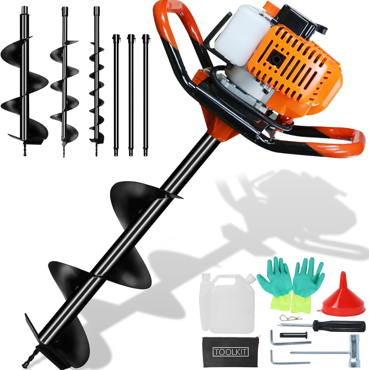 2100W 2-Stroke Earth Auger Kit - 62CC Motor w/ 3 Drill Bit Sizes & 3 Rod Set