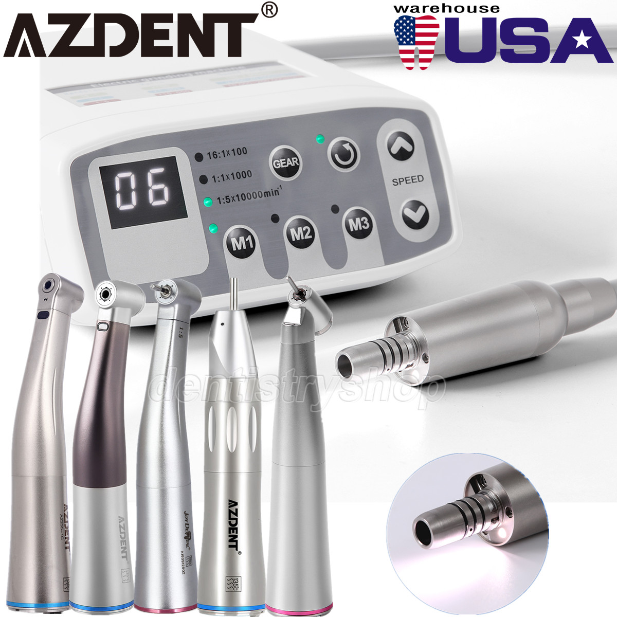 AZDENT Dental Electric LED Brushless Micro Motor/1:1/1:5 Increasing Handpiece