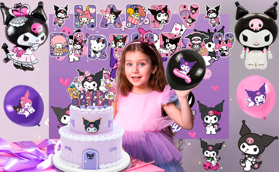 114 Pcs Kuromi Party Decorations Sanrio Birthday Party Plates Balloons Backdrop