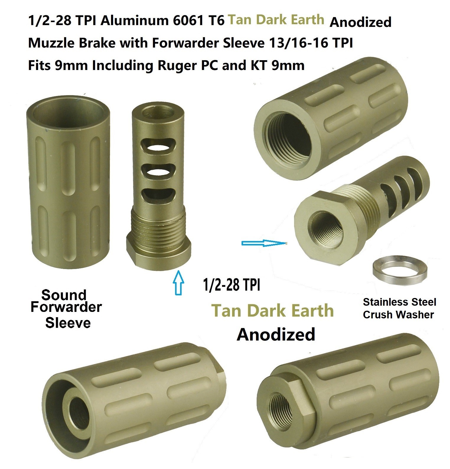 Aluminum Anodized Tan 1/2x28 TPI Muzzle Brake With 13/16x16 TPI Forwarde 9MM
