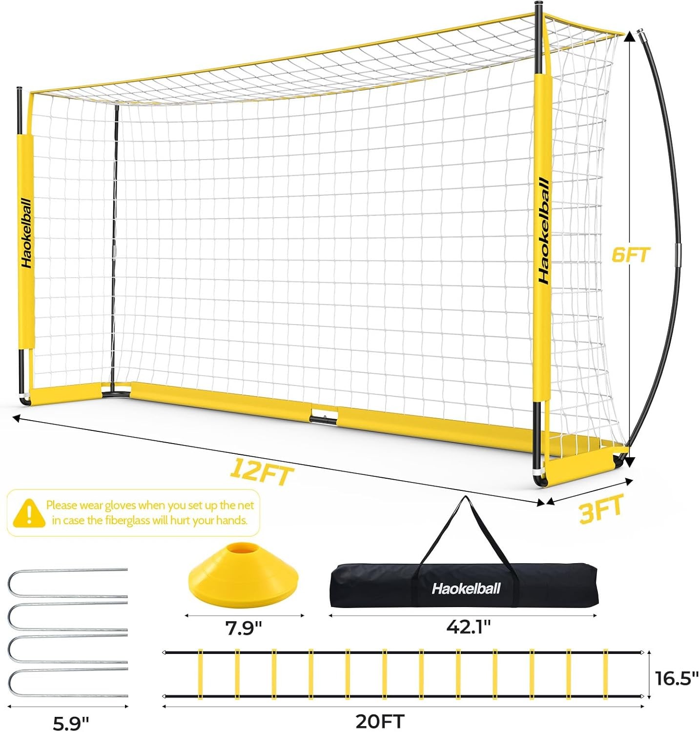 Portable Soccer Goal Net for Teens Adults 12x6FT Soccer Net with Ladder 12 Cones