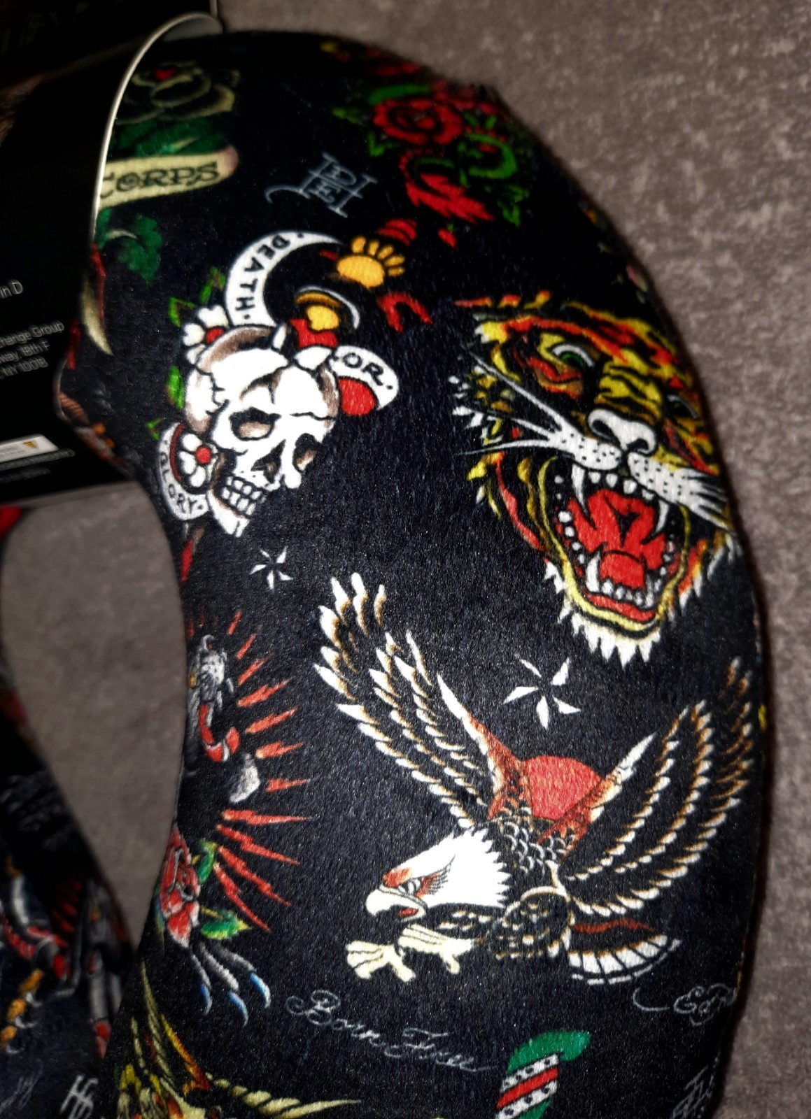 Ed Hardy Tattoo Print Neck Travel Pillow Memory Foam Removable Cover Microfiber