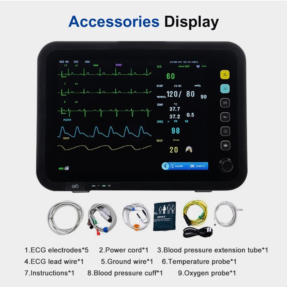 12-Inch Patient Vital Signs Monitor Multi-Parameter ECG/NIBP/TEMP/RESP/SPO2/PR