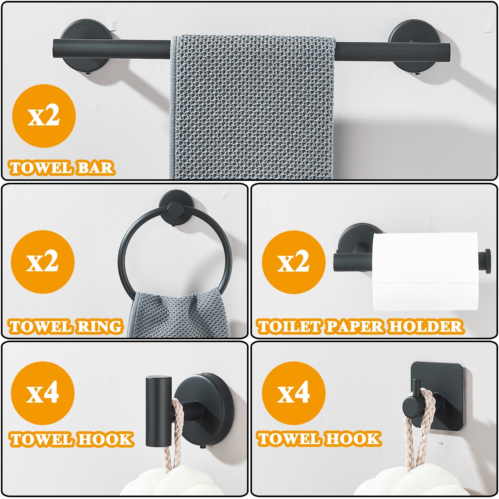 14 Pcs Black Bathroom Hardware Set Stainless Steel Towel Bar Towel Racks Hooks