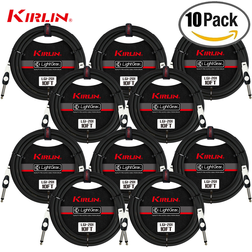 10-Pack Kirlin 10 ft Guitar / Instrument Patch Cable 1/4" PLUS Free Cable Ties