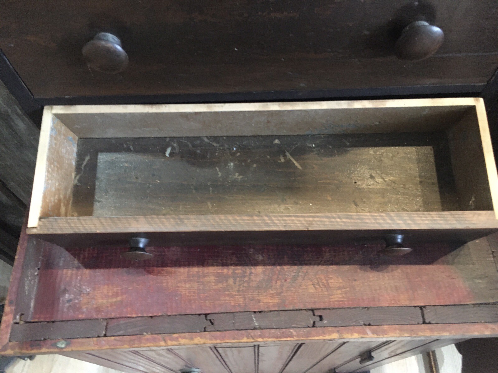 Antique 6 Drawer Wood Cabinet Porcelain Knobs 30x21-1/2x6-1/2