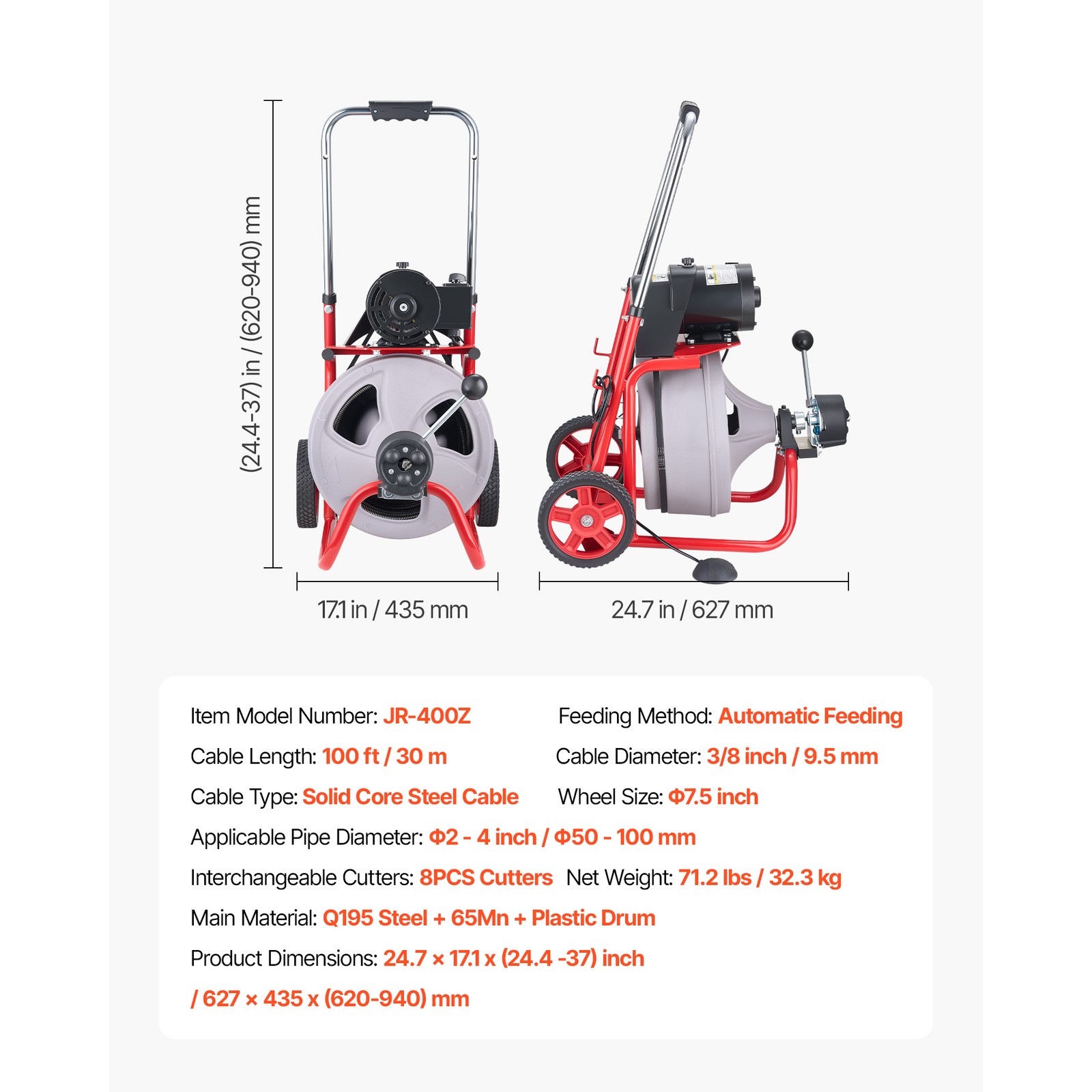 Uimoso Drain Cleaning Machine 100 FT x 3/8 In with Auto Feed,Wheels & 8 Cutters