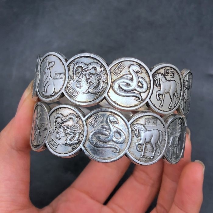 Old Chinese silver etched bracelet Handmade silver animal bracelet twelve zodiac