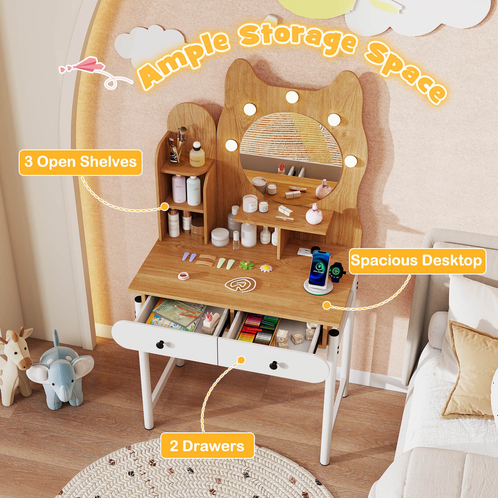 Small Vanity Desk with Mirror and Lights Cute Kitty Makeup Table w/Power Outlets