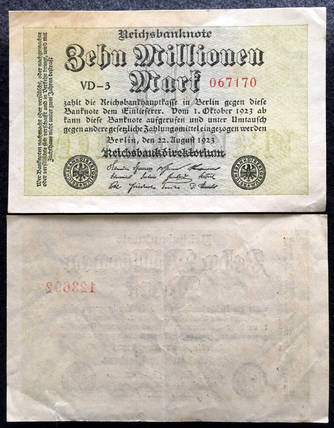 Authentic Historical Germany 10 MILLION Mark 1923 Banknote - 100 Years Old