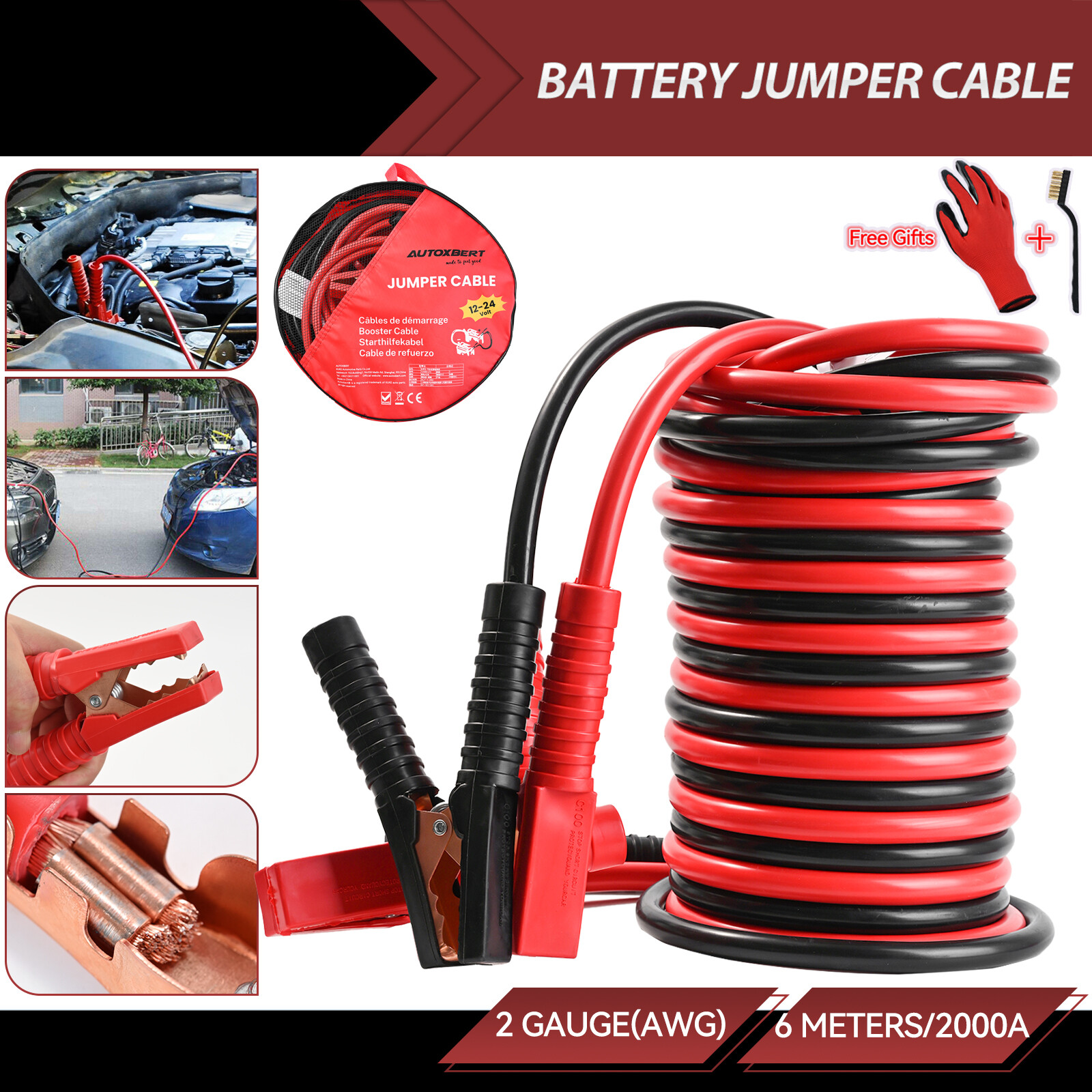 Heavy Duty Jumper Booster Cables Commercial Grade Battery  2 Gauge 20ft 2000 AMP