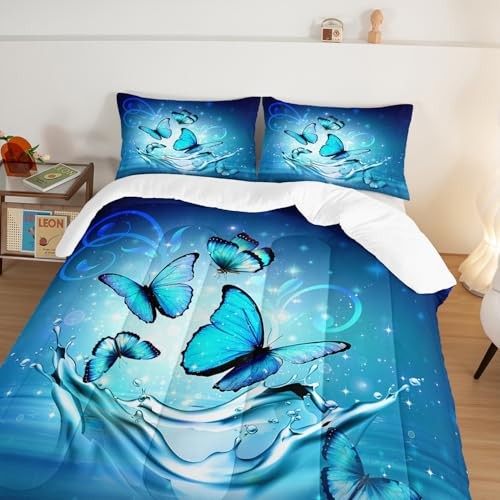 Fantasy Butterfly Comforter Set Size,Butterflies on Water Flash Queen Blue