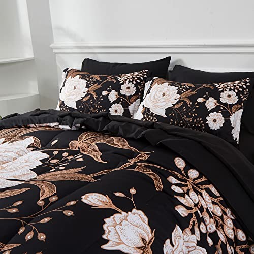 7 Piece Bed in a Bag Comforter Set Botanical Floral Bedding Queen Black Floral