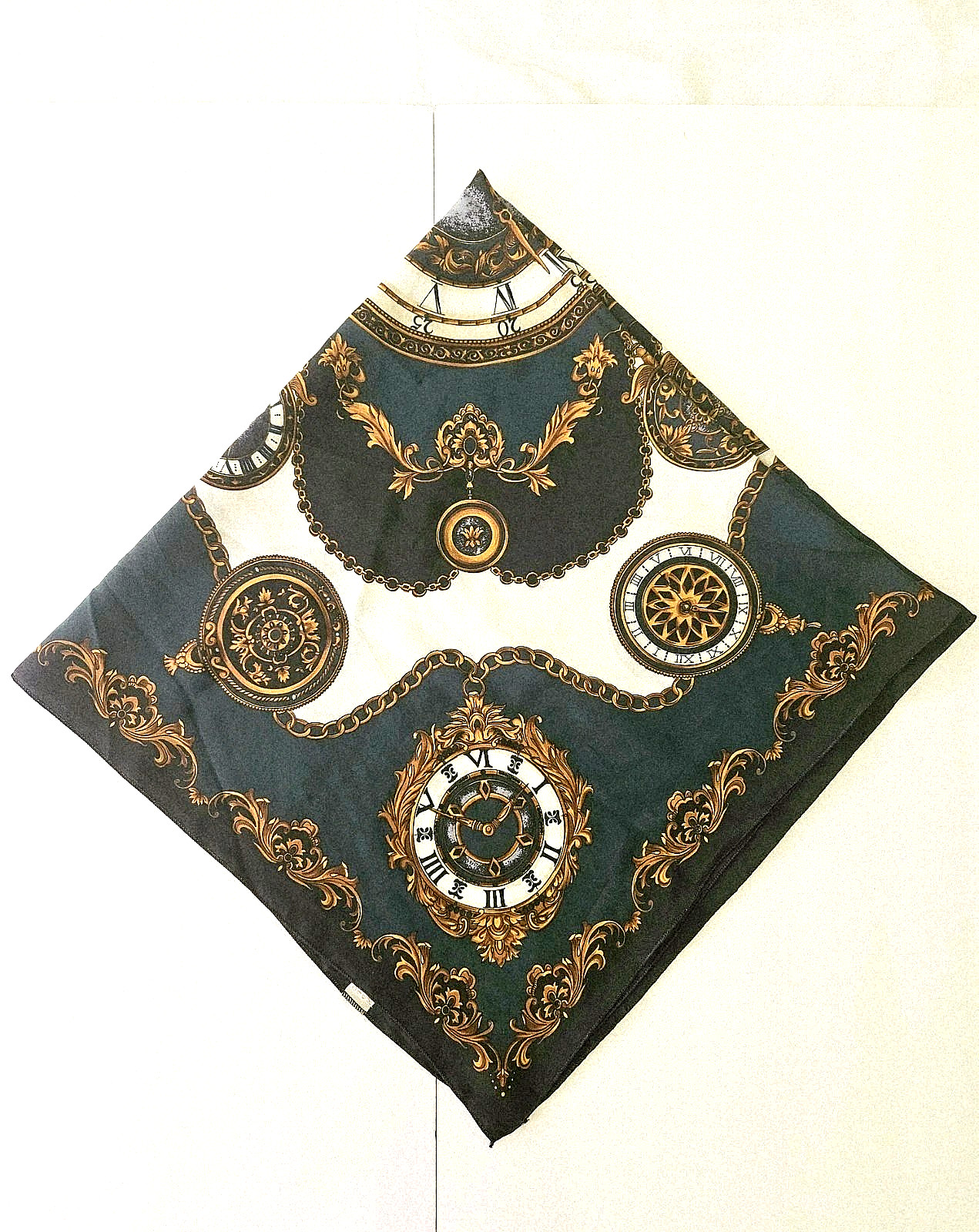 Vtg Peacock Trading Co Scarf 36" Sq Deep Green Gold W Clocks KOREA Silky Soft