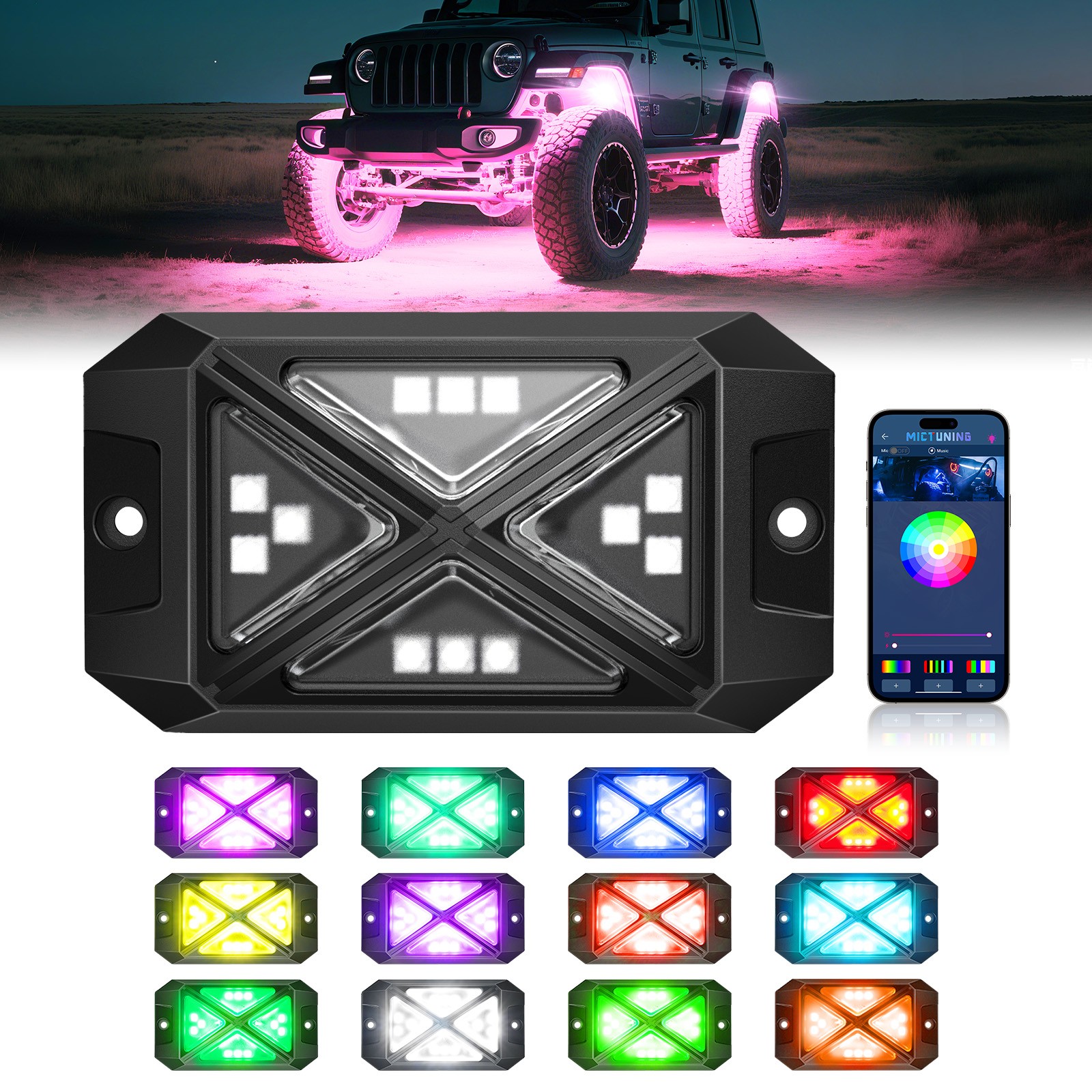 MICTUNING C4 RGBW LED Rock Light,12-Pods Car Underglow Neon Accent Light LED Kit